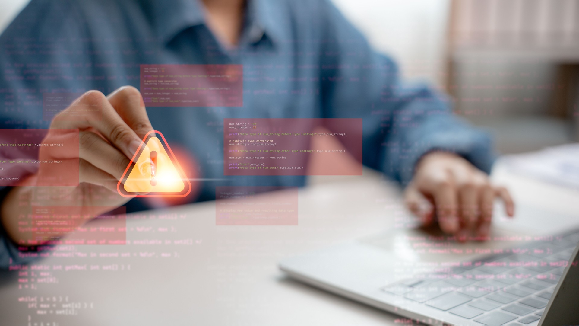 Cybersecurity warning alert system with developer debugging code, data breach protection and threat detection concept, showing exclamation mark symbol on virtual interface.